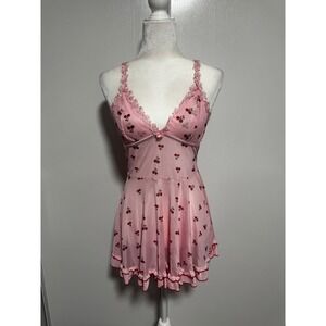 Pink‎ Cherry Print Babydoll Lingerie Slip Dress Lace Trim Women's size Medium